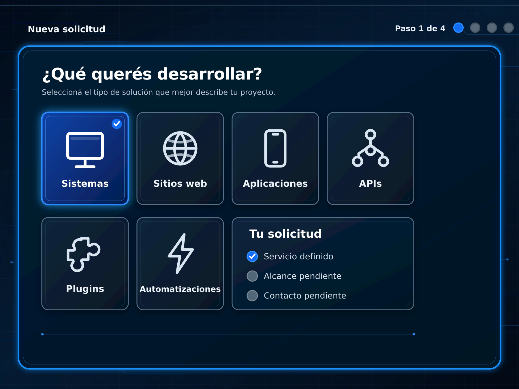 Asistente de nueva solicitud para elegir el tipo de solución digital