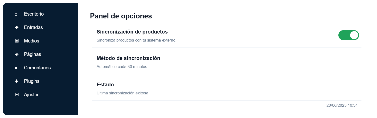 Panel de opciones de un plugin personalizado