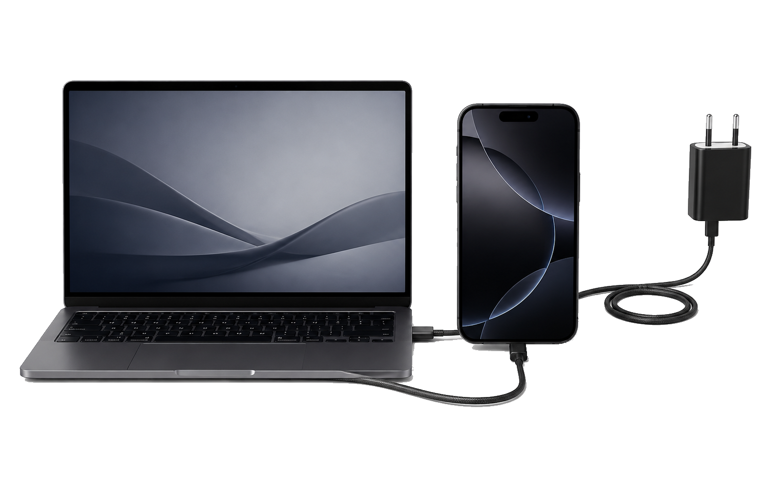 Notebook, celular y cargador preparados para revisión