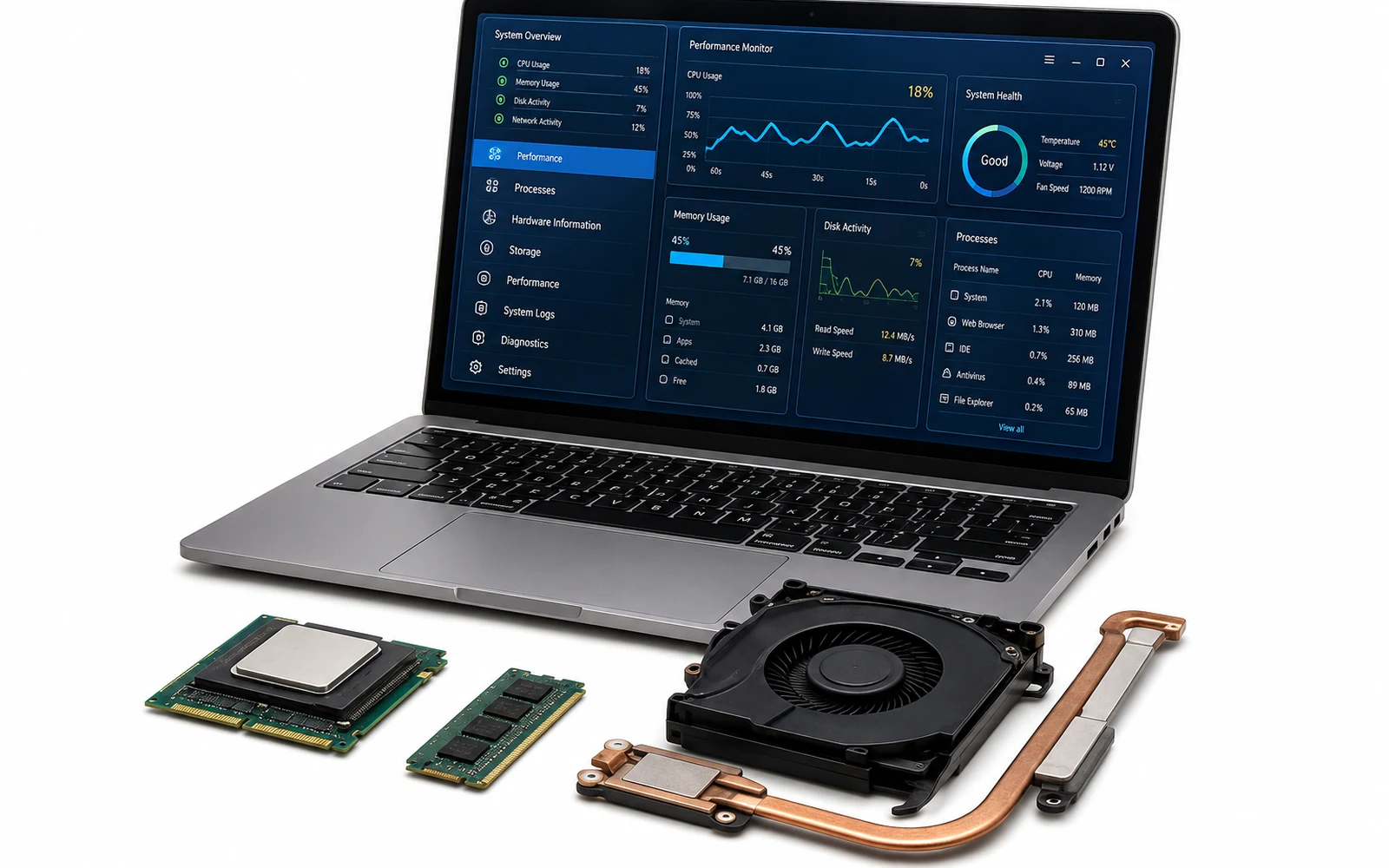 Notebook abierta con sus componentes internos