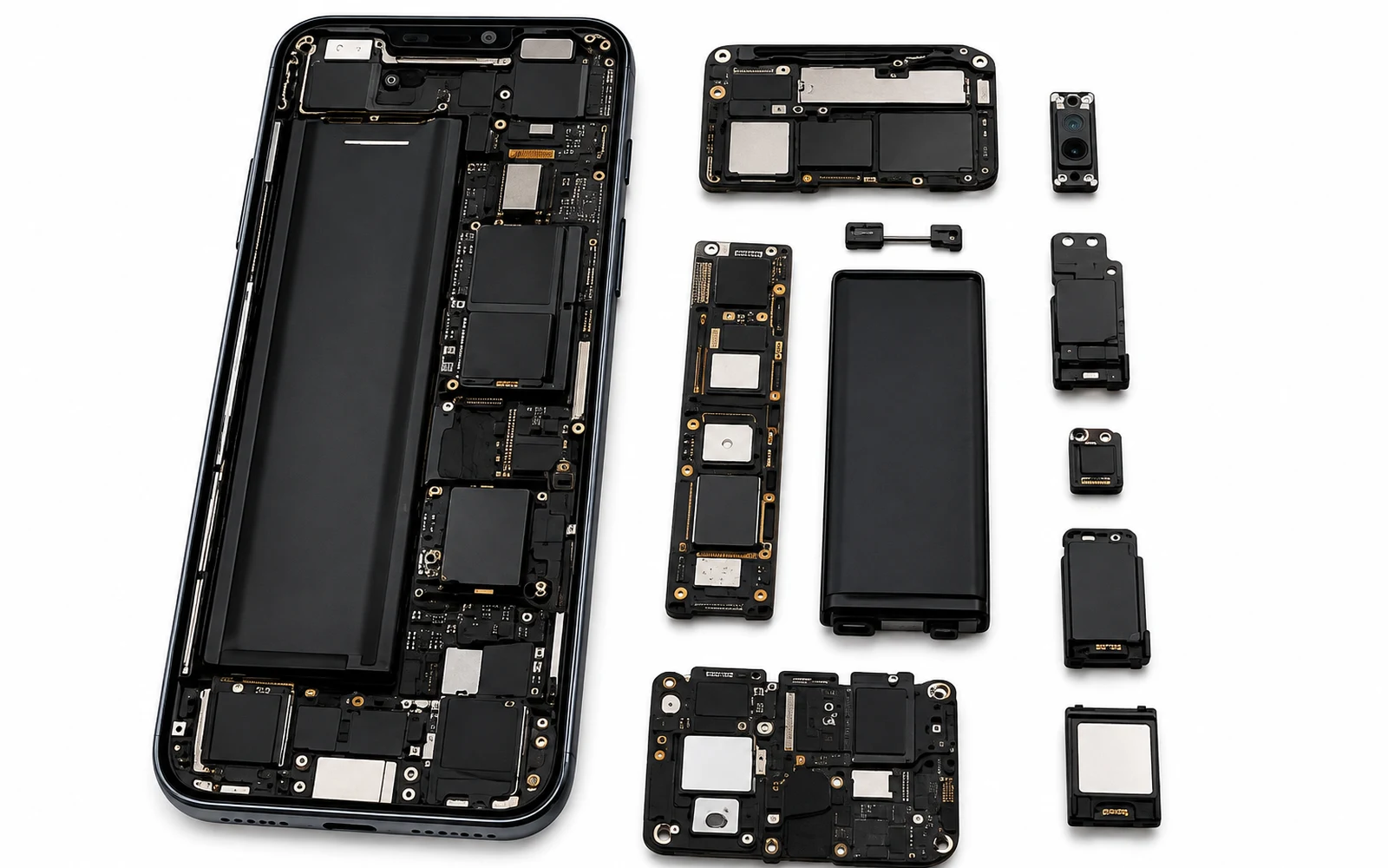 Celular desarmado con sus componentes internos
