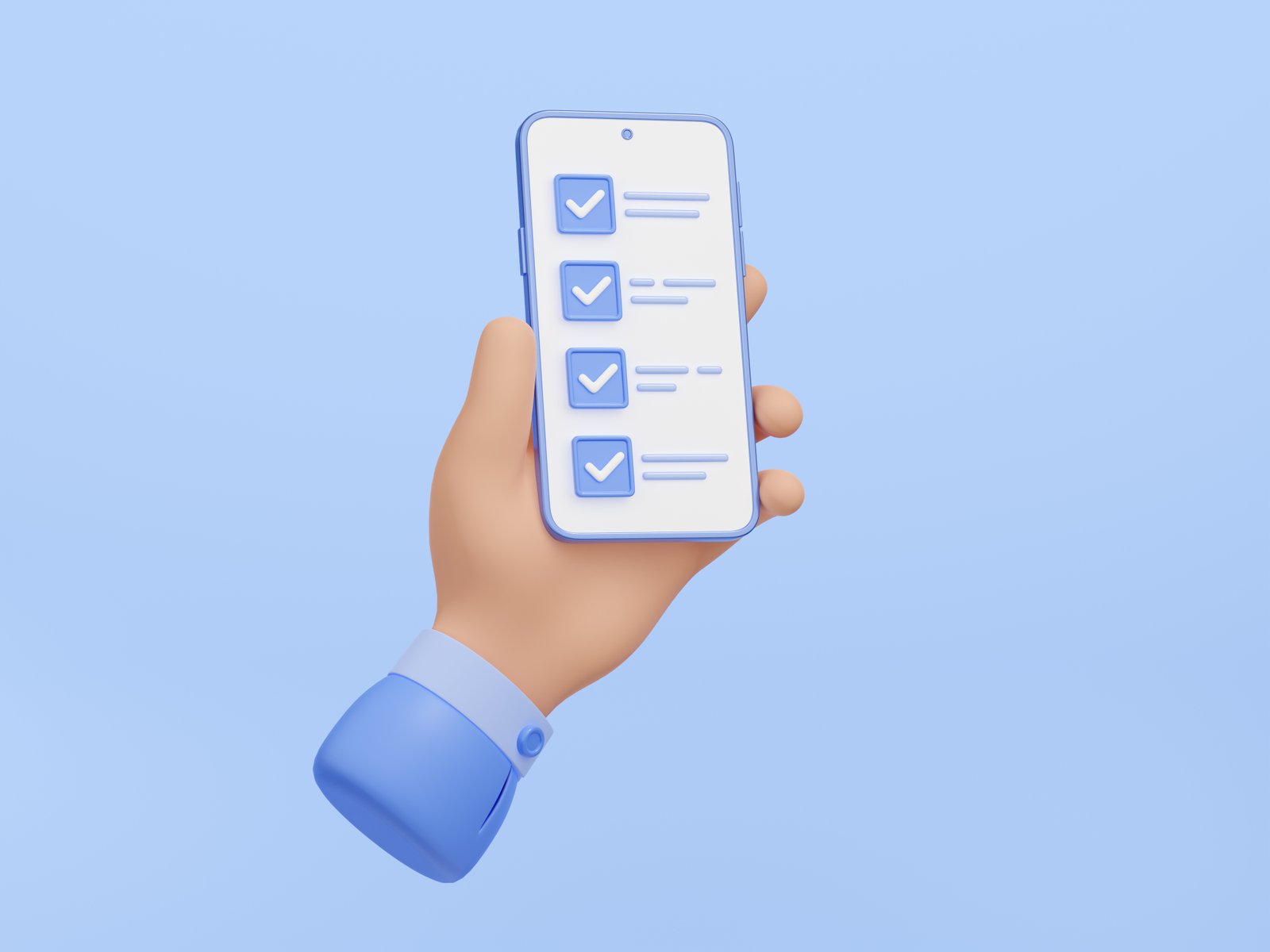 3D illustration hand holding smartphone checklist